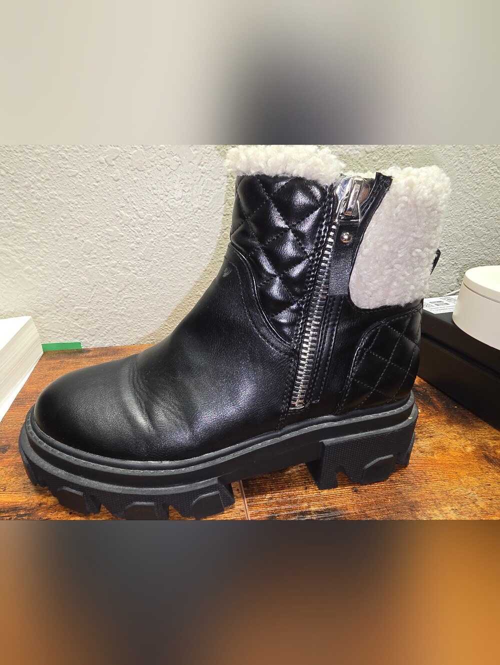 Nine West Black Quilted Faux-Shearling Lug Ankle Boot
